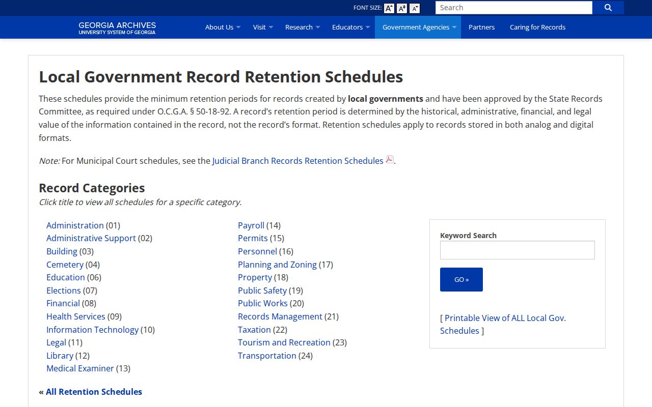 Georgia Archives local-government retention schedule source for Effingham jail records