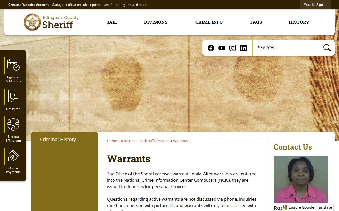 Effingham County Sheriff's Office warrant inquiry policy