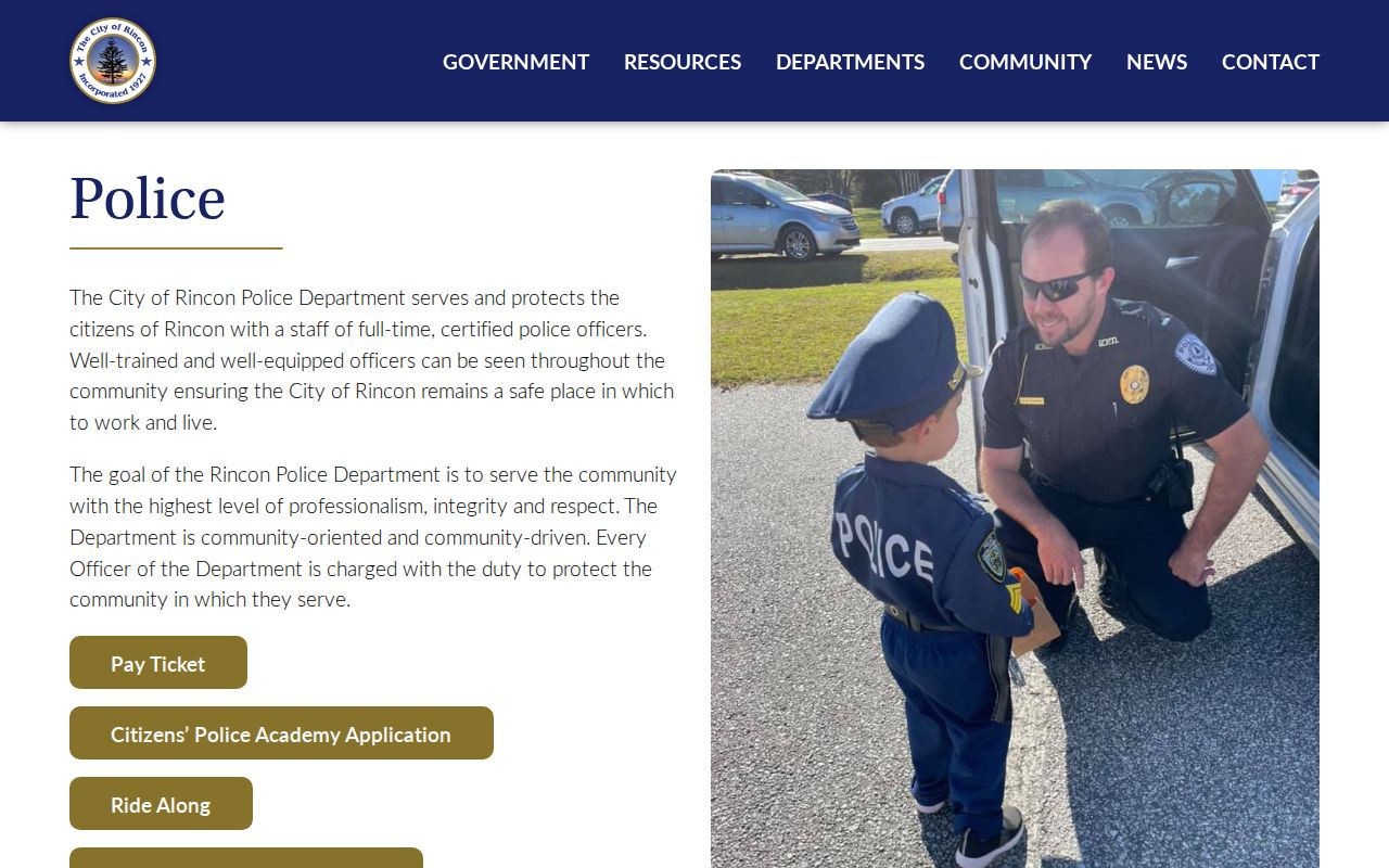 Rincon Police Department official page for Effingham County arrest records